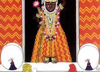 श्रीनाथजी में आज लाल पीले लहरिया पर कतरा का श्रृंगार