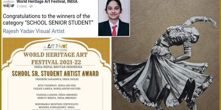 नाथद्वारा की वृंदनी सनाढ्य ने जीता विश्व विरासत कला प्रतियोगिता में  स्वर्ण पदक