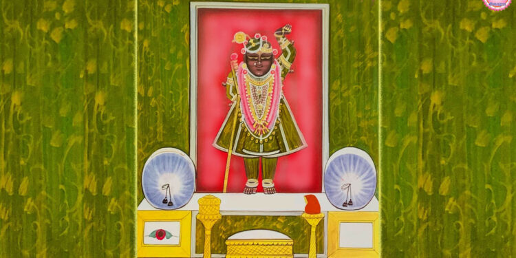 श्रीनाथजी में आज हरी जरी के वस्त्र, चमकनी चन्द्रिका का श्रृंगार