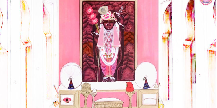 श्रीनाथजी में आज गुलाबी धोती-पटका व श्वेत मोर चन्द्रिका के श्रृंगार