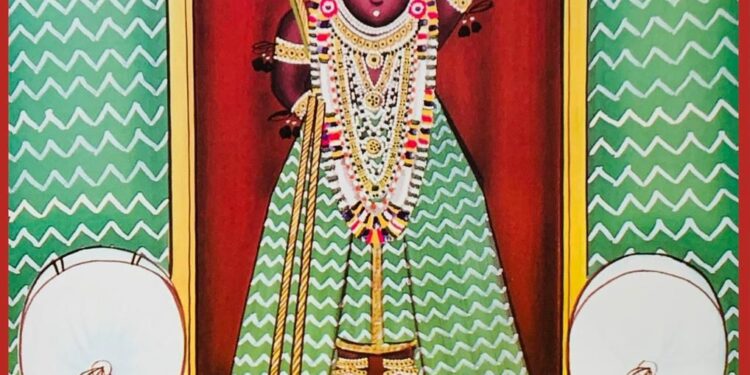 श्रीनाथजी को आज लहरिया के वस्त्र पर कतरा का श्रृंगार