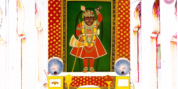 श्रीनाथजी में आज घेरदार वागा पर गोल चन्द्रिका का श्रृंगार