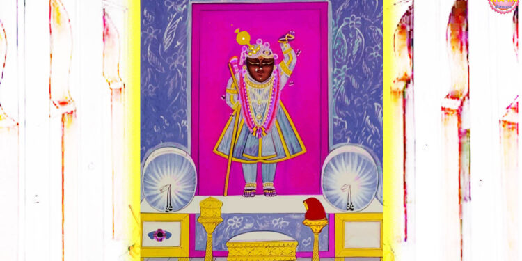 श्रीनाथजी में आज फिरोजी जरी के वस्त्र पर गोल चन्द्रिका का श्रृंगार